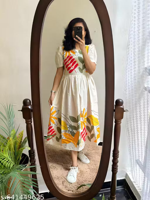 Women's Cream Floral Printed Rayon Midi Dress | Round Neck Regular Sleeve Fit & Flare Casual Frock