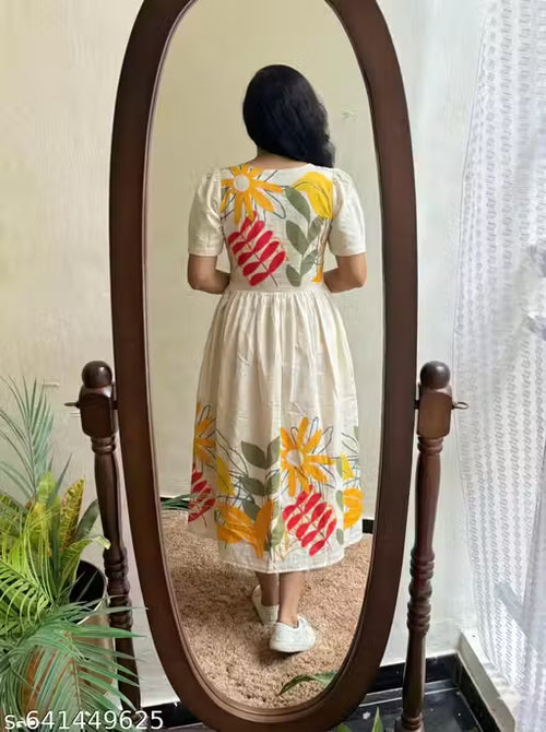 Women's Cream Floral Printed Rayon Midi Dress | Round Neck Regular Sleeve Fit & Flare Casual Frock